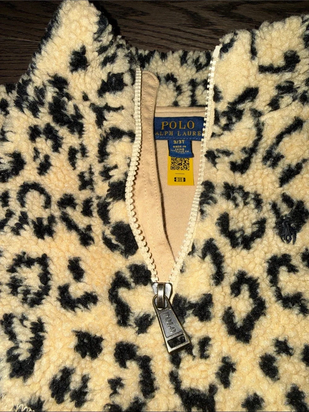 Ralph Lauren Kids Leopard Sherpa Zip Jacket - cream & Black 3T